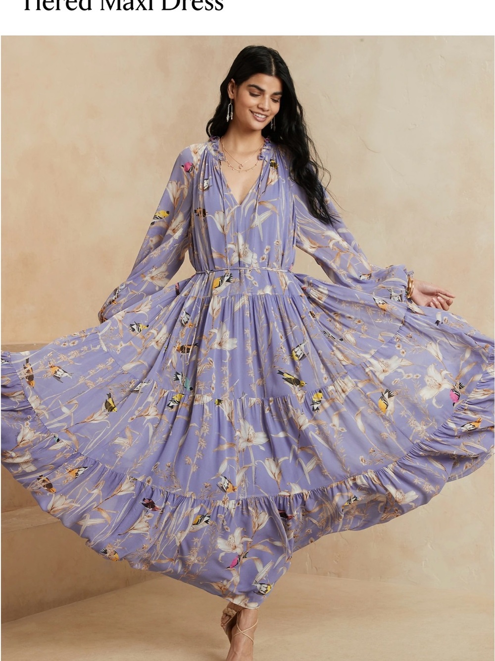 Banana Republic Chiffon Lavender Floral Long Sleeve Maxi Dress